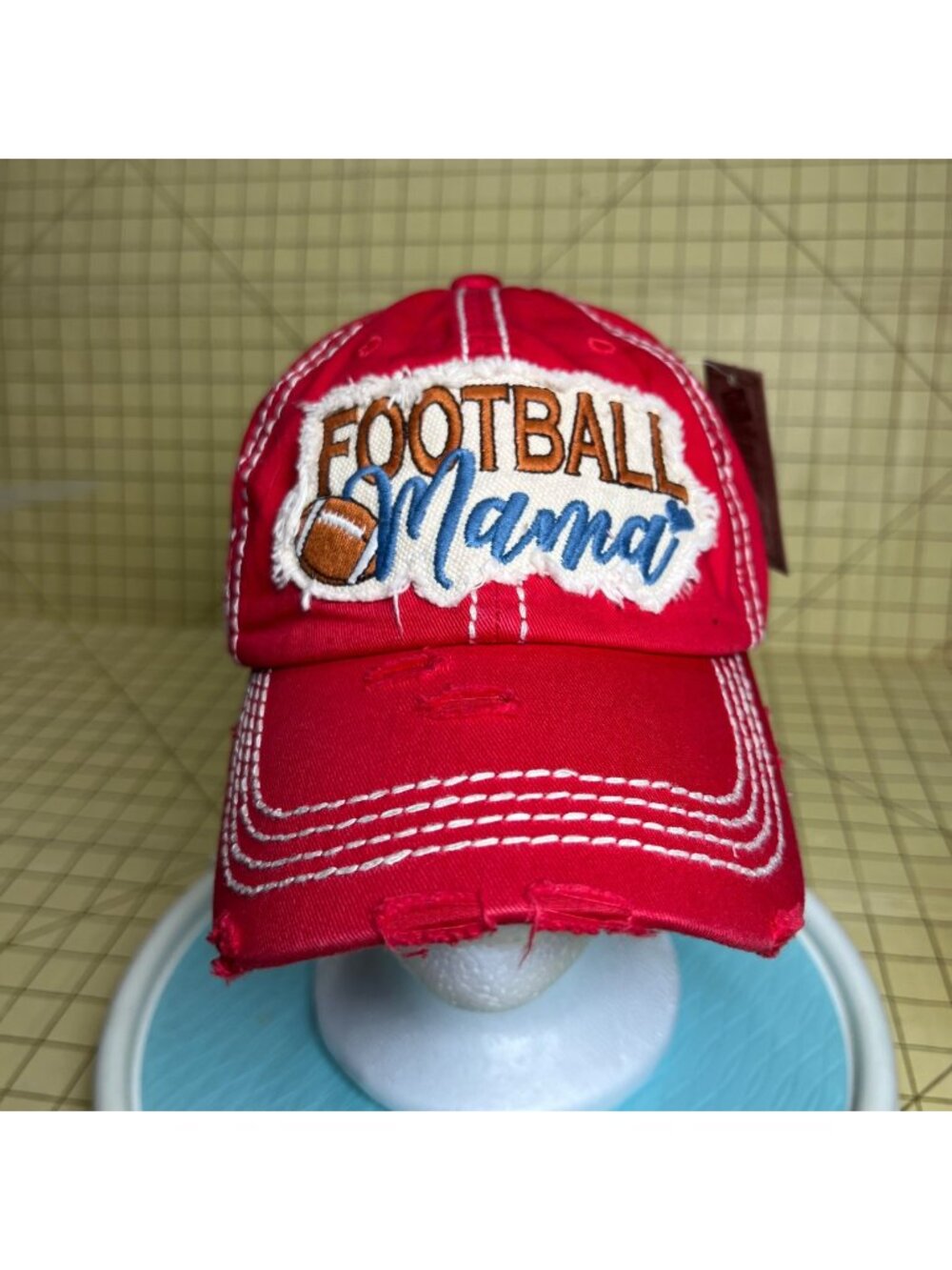 Football Mama Red Distressed Baseball Cap With Embroidered Patch & Adjustable St